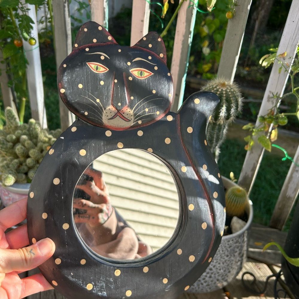 Vtg 90s Whimsical 12.5” X 8” Black Polk a Dot Cat Boho Mirror Indonesia - Picture 6 of 15